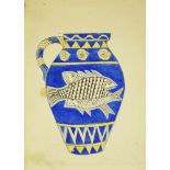 Marie Vorobieff Marevna, Russian 1892-1984 Vase decorated with fish on blue ground; gouache and