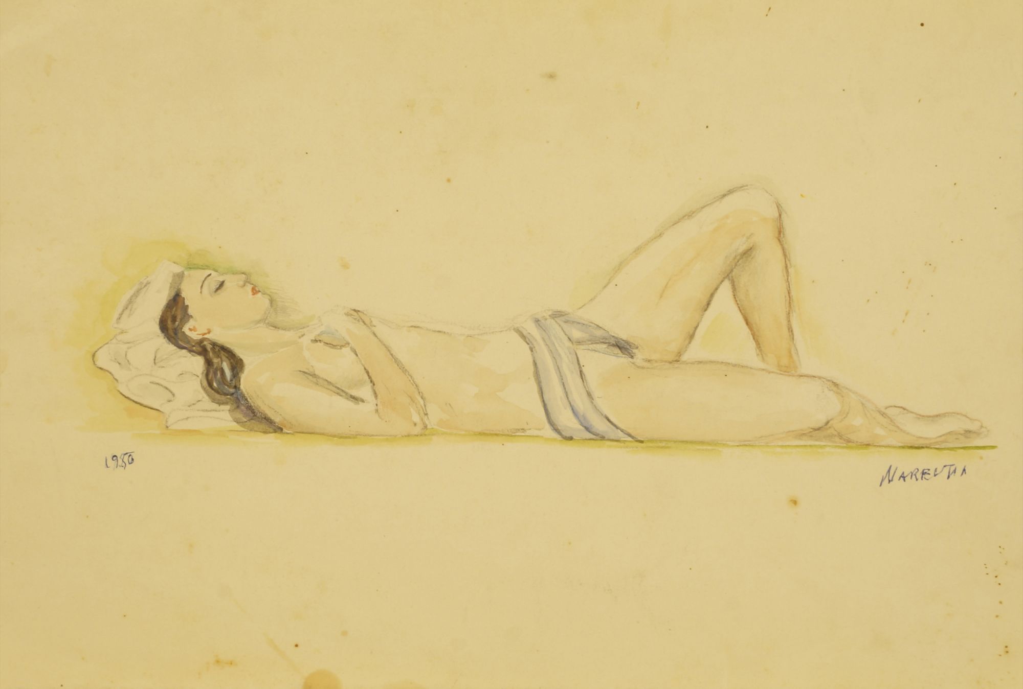 Marie Vorobieff Marevna, Russian 1892-1984 Woman reclining on sheets, 1943; pencil and coloured - Image 2 of 2