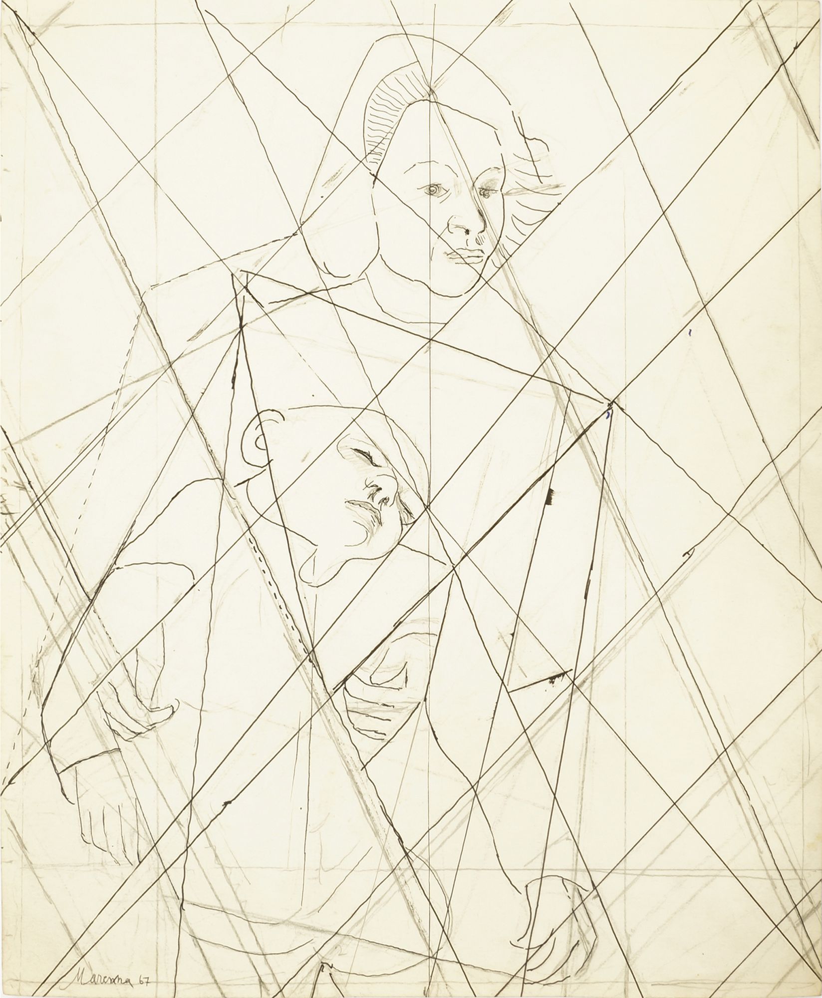 Marie Vorobieff Marevna, Russian 1892-1984- Study of a man, 1972; pencil and black ink, signed in - Image 2 of 2