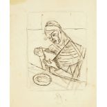 Marie Vorobieff Marevna, Russian 1892-1984- Seated woman eating from a bowl; black ink over traces