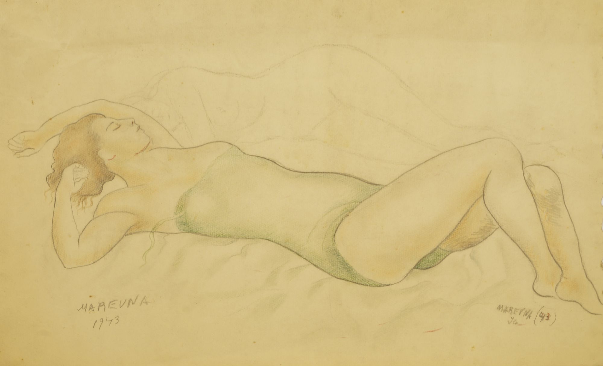Marie Vorobieff Marevna, Russian 1892-1984 Woman reclining on sheets, 1943; pencil and coloured