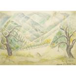 Marie Vorobieff Marevna, Russian 1892-1984- Valley landscape, 1975; watercolour, charcoal and pencil