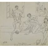 Marie Vorobieff Marevna, Russian 1892-1984- ‘Le Soir Chez Max Jacob et Modi, 1916’; black ink and