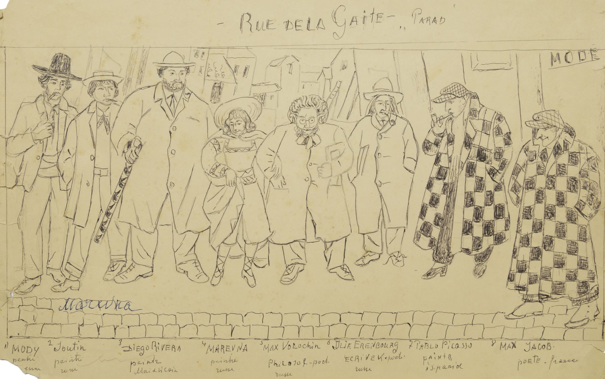 Marie Vorobieff Marevna, Russian, 1892-1984 - "Rue de la Gaite- Parad" pen and pencil, titled and