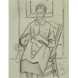 Marie Vorobieff Marevna, Russian 1892-1984- Woman knitting, 1953; charcoal and black ink, signed