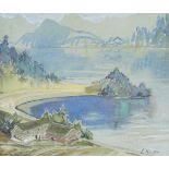 L Hunter, British, early 20th century- View of a cabin by a lake; watercolour on blue paper, signed,