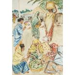 Vivien John, British 1915-1994- Village scene with women washing fruit, 1970; watercolour and