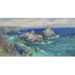 Terrick Williams RA, British 1860-1936- Kynance Cove, Cornwall; watercolour, signed, 37x69.5cm (ARR)