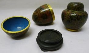 A small cloisonne egg and a small vase