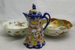 Two Japanese porcelain bowls and a teapot