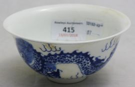 A small blue and red porcelain bowl decorated with dragons