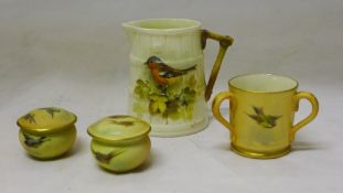 A Royal Worcester Powell decorated jug together with a bird decorated miniature Royal Worcester tyg