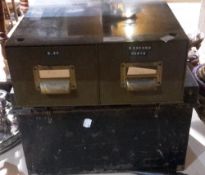 A tin trunk and a pair of tin filing drawers