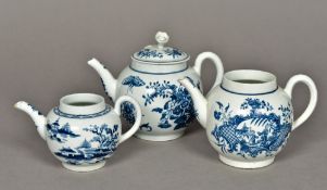 Three 18th century blue and white porcelain teapots,