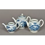 Three 18th century blue and white porcelain teapots,