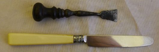 A George III silver bladed fruit knife with ivory handle and a 19th century wood and steel dental