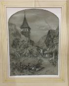 CONTINENTAL SCHOOL (19th century) Figures in a Tyrolean Village Charcoal heightened with