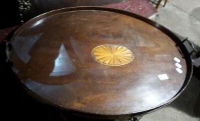 A Victorian inlaid mahogany twin handled oval tray