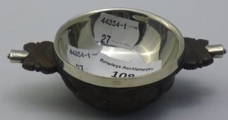 A late 19th / early 20th century white metal mounted treen quaich