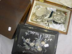 An Oriental mother-of-pearl inlaid box, two Victorian boxes, silver plate, etc.