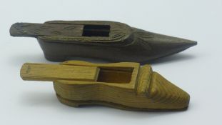 Two treen snuff shoes