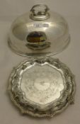 A silver plated meat cover and two silver plated salvers