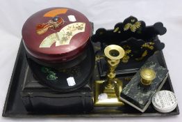 A Japanese lacquered box, two lacquered trays, etc.