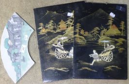 A pair of Japanese lacquered plaques and a porcelain plaque