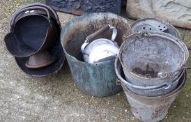 Two copper coal scuttles, various pans, a copper pot, etc.