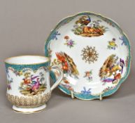 A Meissen porcelain cabinet mug and saucer Both worked with exotic bird vignettes interspersed with