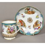A Meissen porcelain cabinet mug and saucer Both worked with exotic bird vignettes interspersed with
