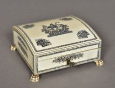 A late 19th century Indian ivory gaming chip box The hinged domed lid centred with a deity flanked