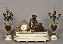 A bronze mounted ormolu and white marble triple clock garniture The white enamelled dial with Roman