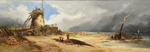 EDMUND GUSTAVUS MULLER (1816-1888) British Coastal Scene With Figures Mending Fishing Nets Beside a