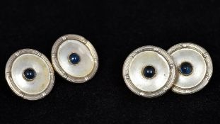 A pair of 14 ct mother-of-pearl and sapphire cufflinks Each of circular form centred with a