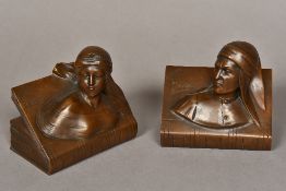 A pair of cast bronze bookends by Jennings Brothers Modelled as books surmounted with the bust of