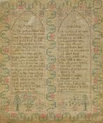 An early 19th century needlework sampler Worked with text on an infant and on friendship within