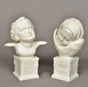 A pair of 19th century Copeland Parian busts Each modelled as an angel, on a swag tied plinth base,