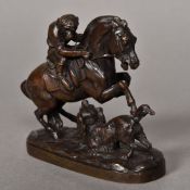 A patinated bronze animalier group Formed as a monkey dressed as a jockey riding a rearing horse,