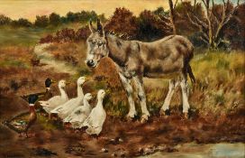 J OXSPRING (20th century) British Donkeys With Chickens;