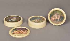 Two 19th century ivory boxes Each of circular form, each removable lid set with an erotic miniature,