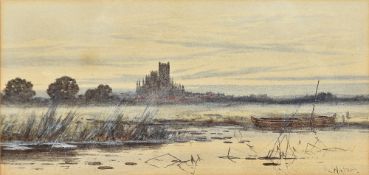 ROBERT WINTER FRASER (1848-1906) British Distant View of Ely Cathedral Watercolour Signed 35 x 16.