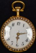 A 19th century unmarked ladies fob watch The white enamelled dial with Arabic numerals surrounded