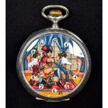 An 800 silver cased pocket watch The dial painted with an erotic scene. 5 cm diameter.