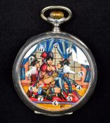 An 800 silver cased pocket watch The dial painted with an erotic scene. 5 cm diameter.