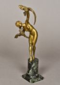 A late 19th/early 20th century gilt bronze figure Modelled as a nude young lady holding two parrots,