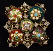 A French rose cut diamond and enamel brooch Of pierced form, set with five enamel cabochons,