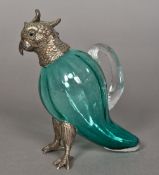 A silver plate mounted green and clear glass claret jug Formed as a cockatoo,