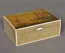 An Art Deco shagreen and ivory box The cover decorated with a river scene. 13.5 cm wide.