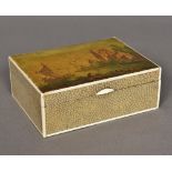 An Art Deco shagreen and ivory box The cover decorated with a river scene. 13.5 cm wide.